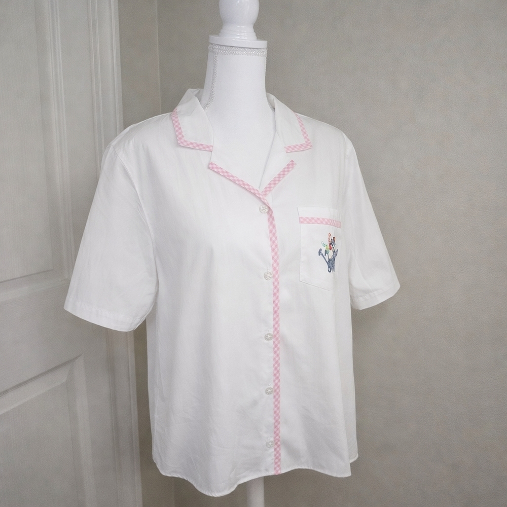 Alfred Dunner 90s Vintage NWT White Button Down Shirt Pink Gingham Floral Pocket - Picture 4 of 10